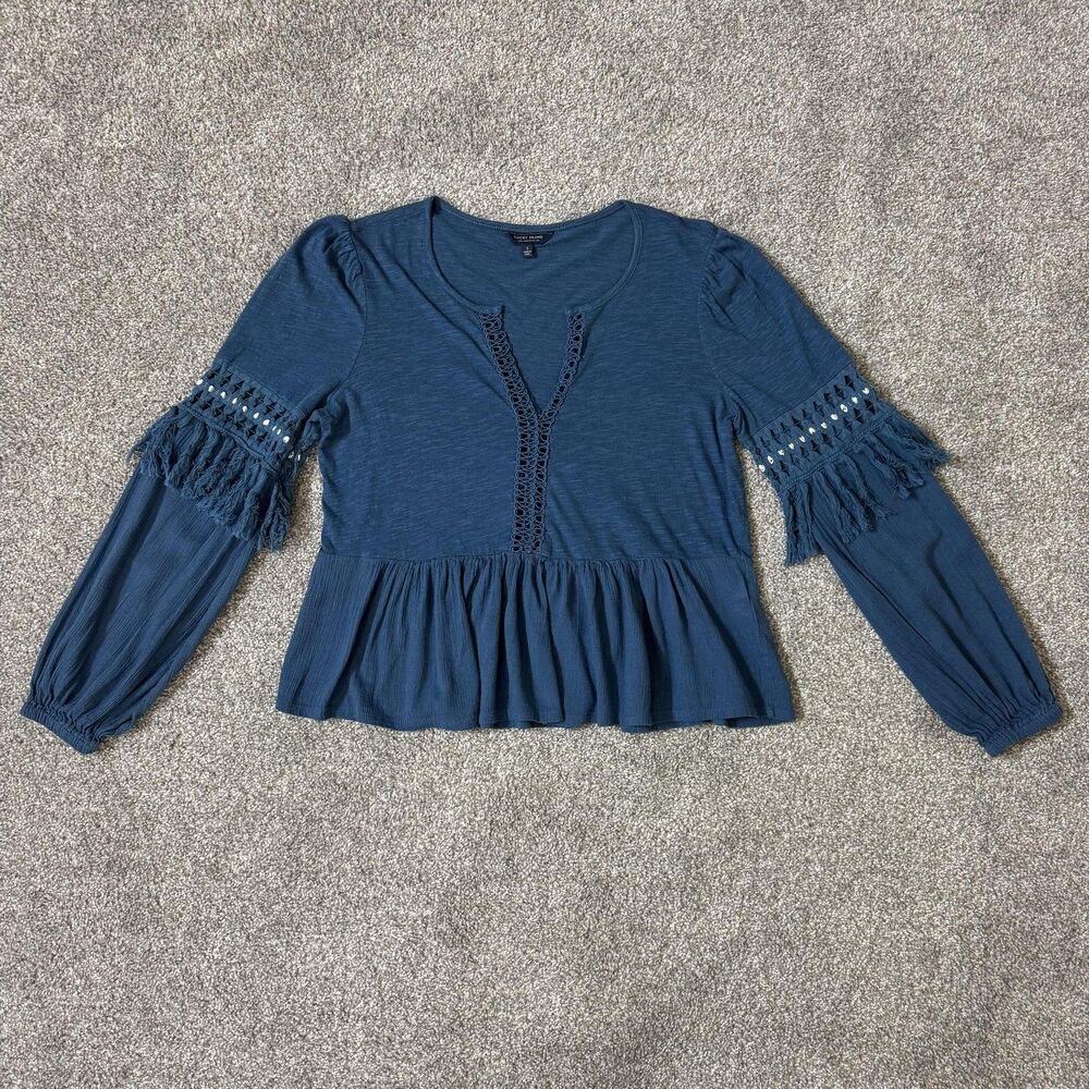 Lucky Brand Blouse Womens Small Blue Boho Peplum Crochet Tassel Western Hippie